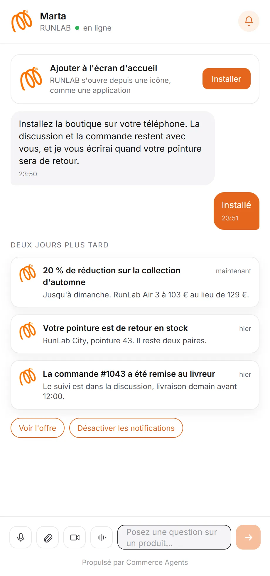 Vitrine sur le téléphone du client et notification push promotionnelle