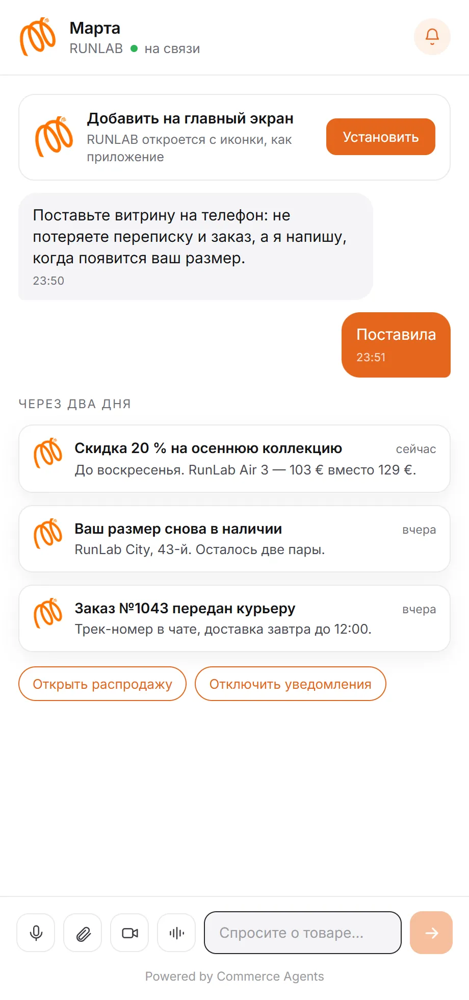 Витрина на телефоне покупателя и push об акции
