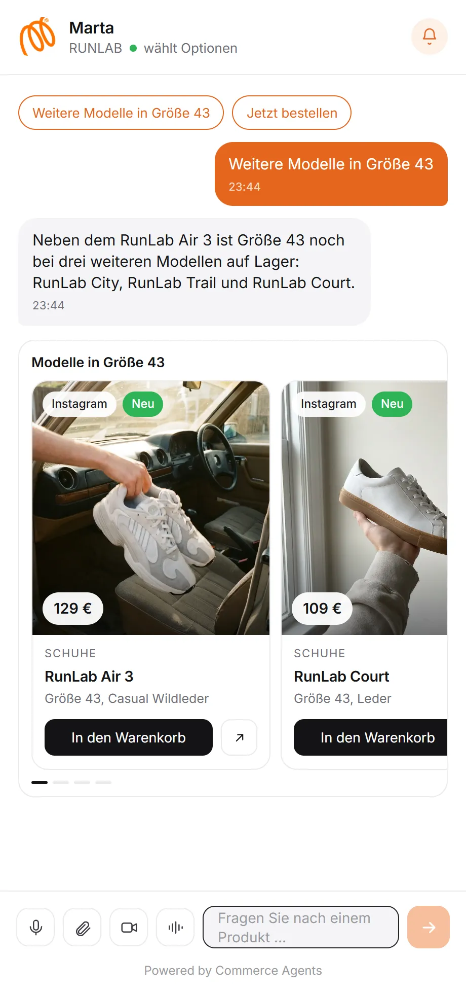 Produktkarten im Chat mit Preis und Größen
