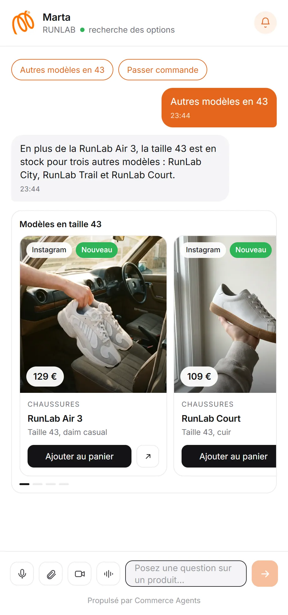 Fiches produits dans le chat avec prix et tailles