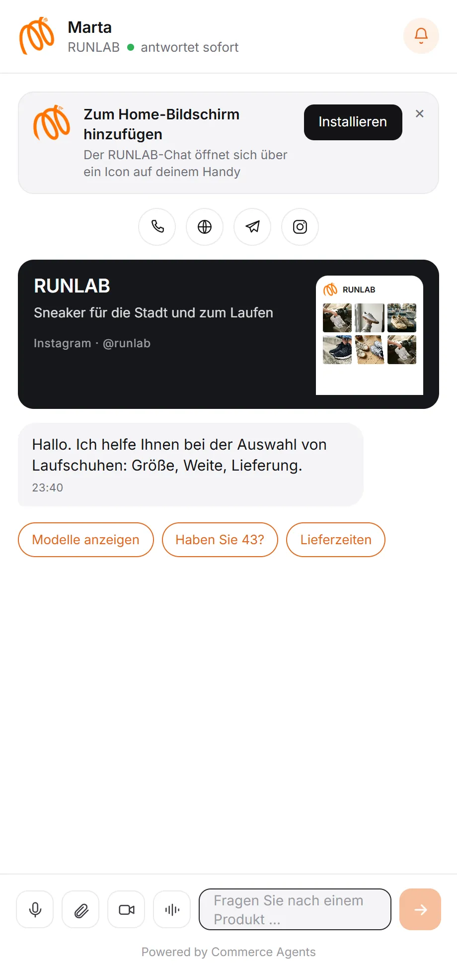 Agenten-Seite: Shop-Ansicht, Kontakte und Chat mit Fotos, Videos und Sprachnachrichten
