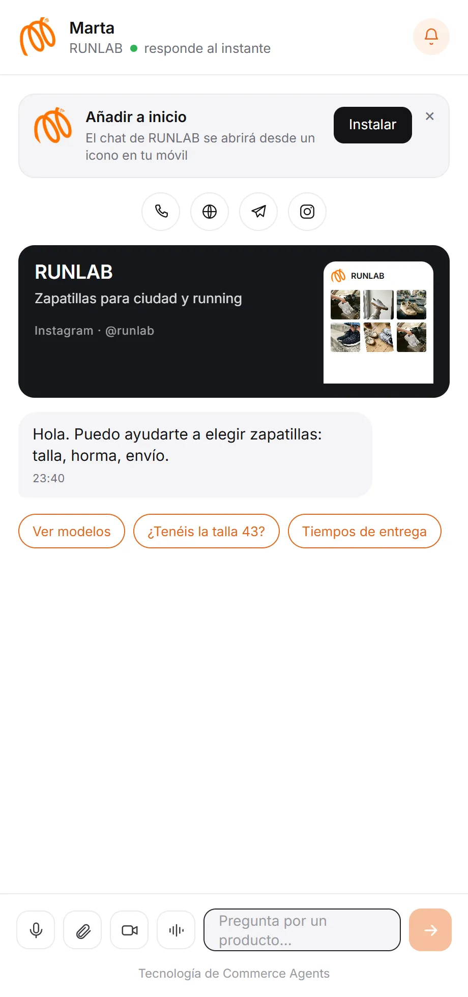 Página del agente: tienda, contactos y chat con fotos, vídeos y notas de voz