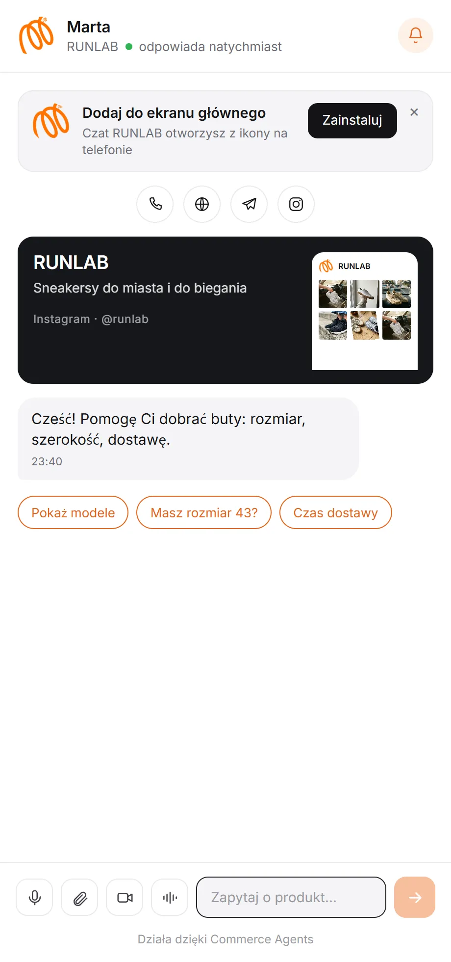 Strona agenta: witryna sklepu, kontakty i czat ze zdjęciami, wideo oraz wiadomościami głosowymi