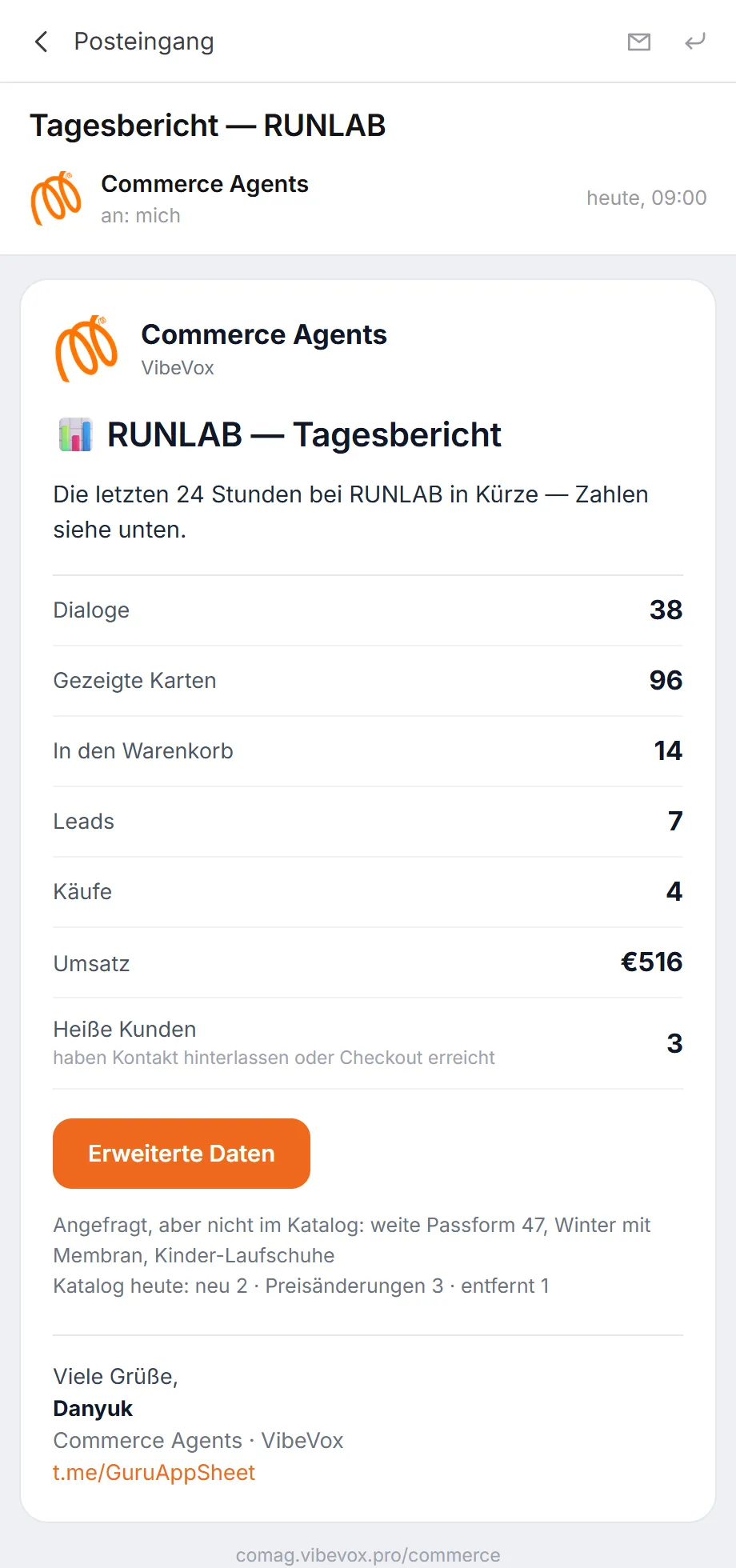 Morgen-Update mit Tagesbilanz: Chats, Anfragen, Käufe und unbeantwortete Suchanfragen