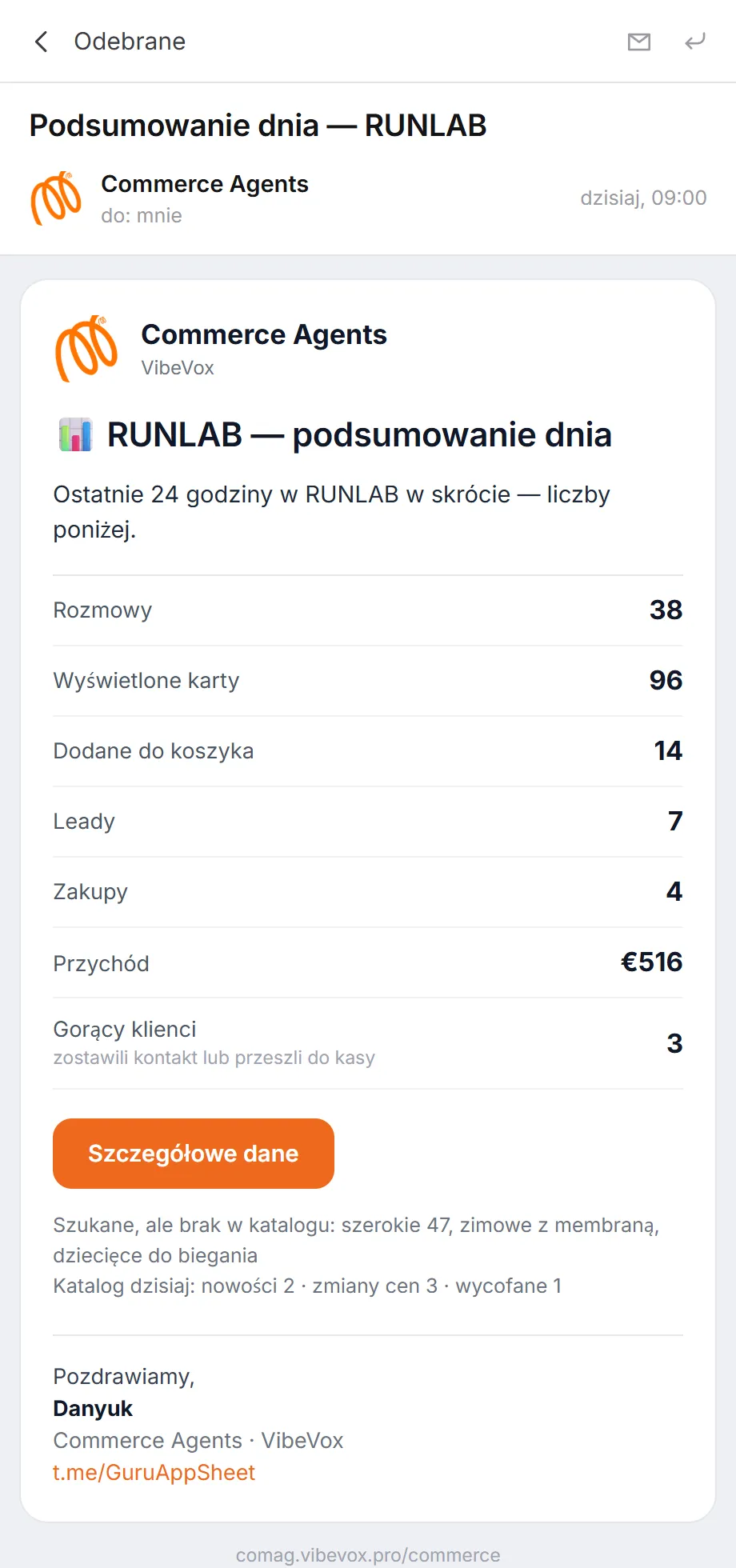 Poranny mail z podsumowaniem doby: rozmowy, zapytania, zakupy i pytania bez odpowiedzi