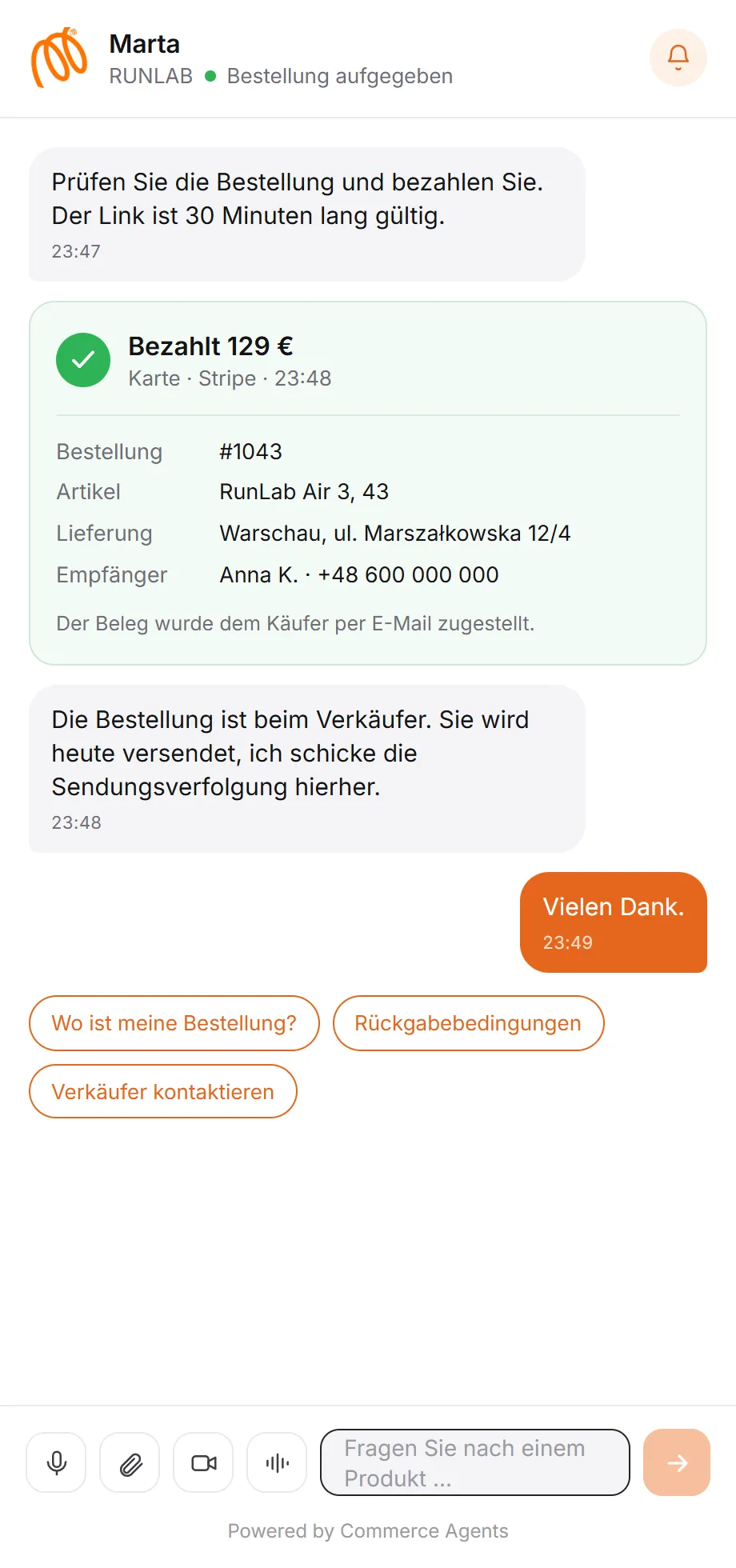 Zahlungsbestätigung und Übermittlung der Bestellung an den Verkäufer
