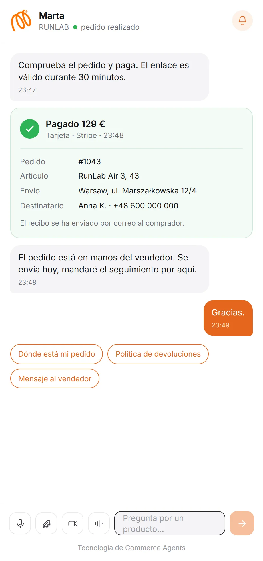 Confirmación del pago y envío del pedido al vendedor