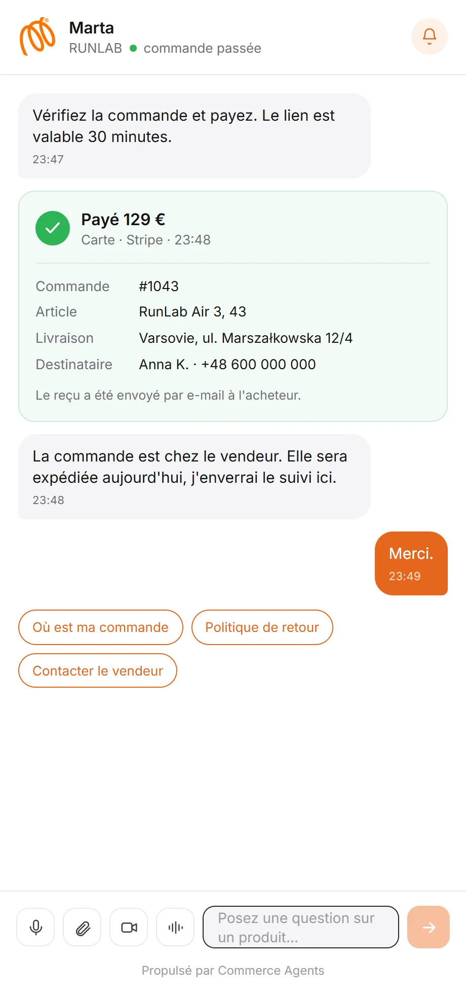 Confirmation de paiement et transmission de la commande au vendeur