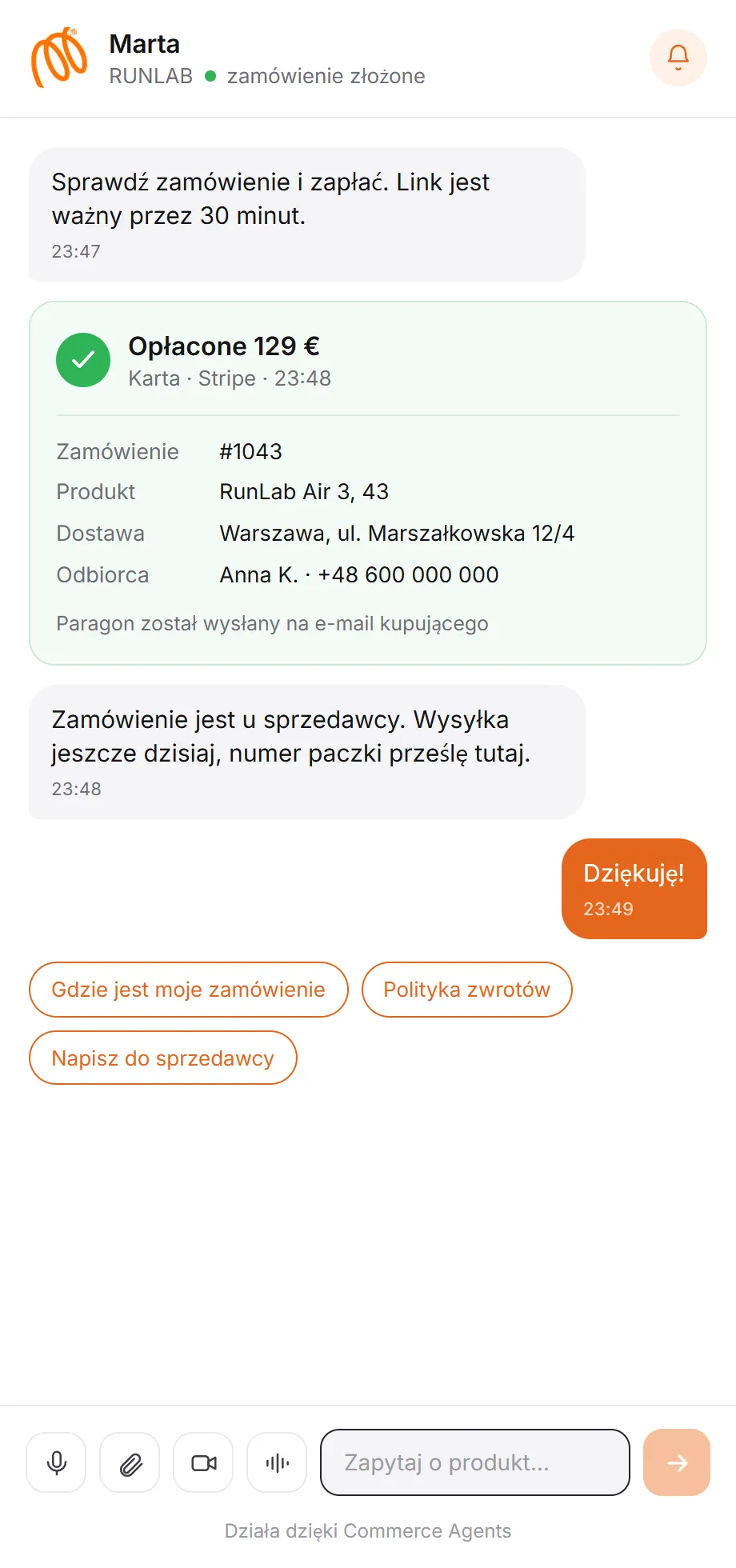 Potwierdzenie płatności i przekazanie zamówienia sprzedawcy