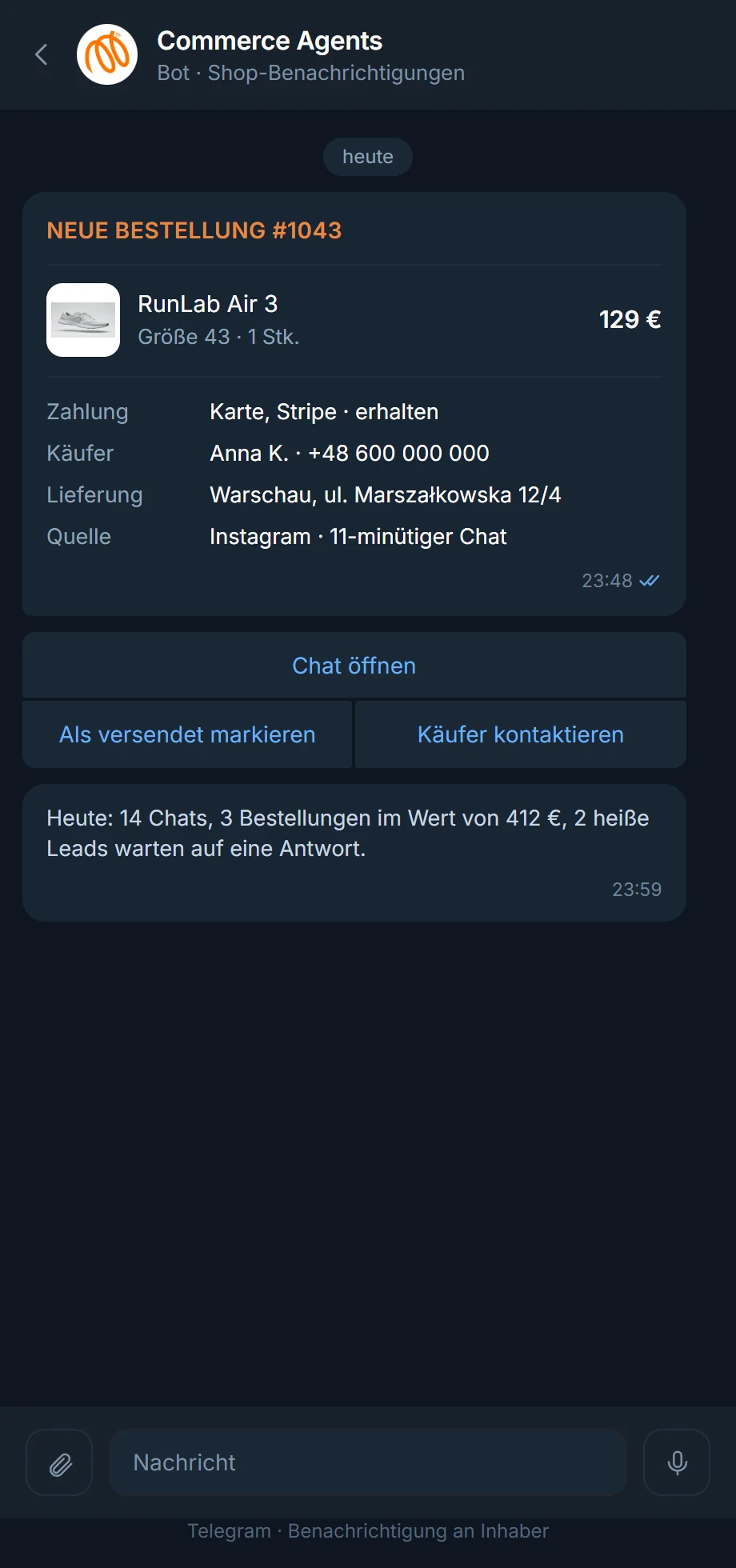 Bestellung in Telegram beim Shopbetreiber