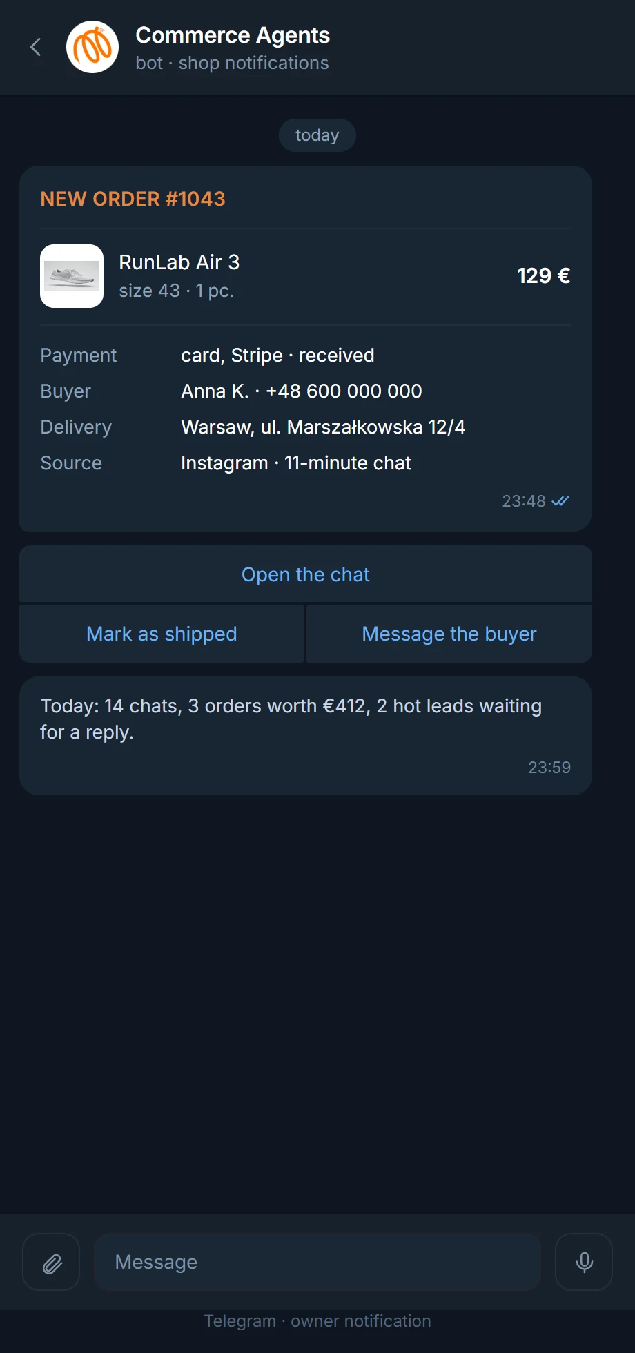Comanda pe Telegram la proprietarul magazinului