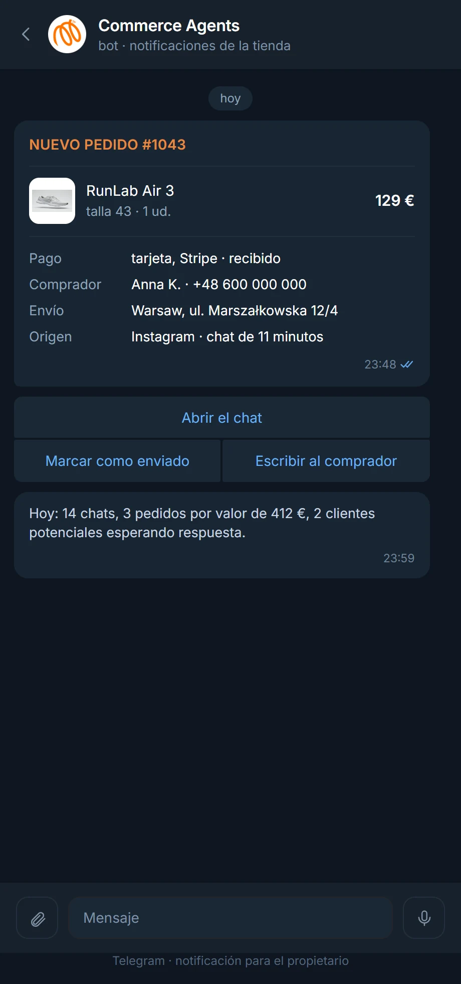 Pedido en el Telegram del propietario de la tienda