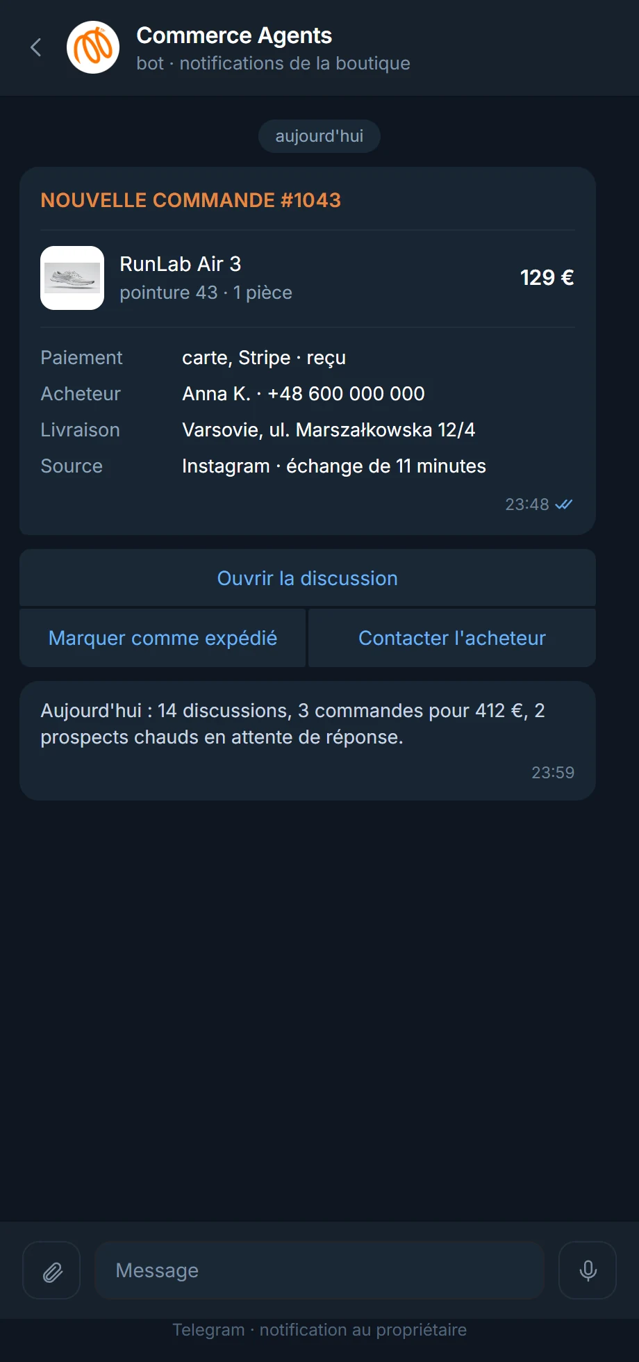 Commande reçue sur Telegram par le propriétaire de la boutique