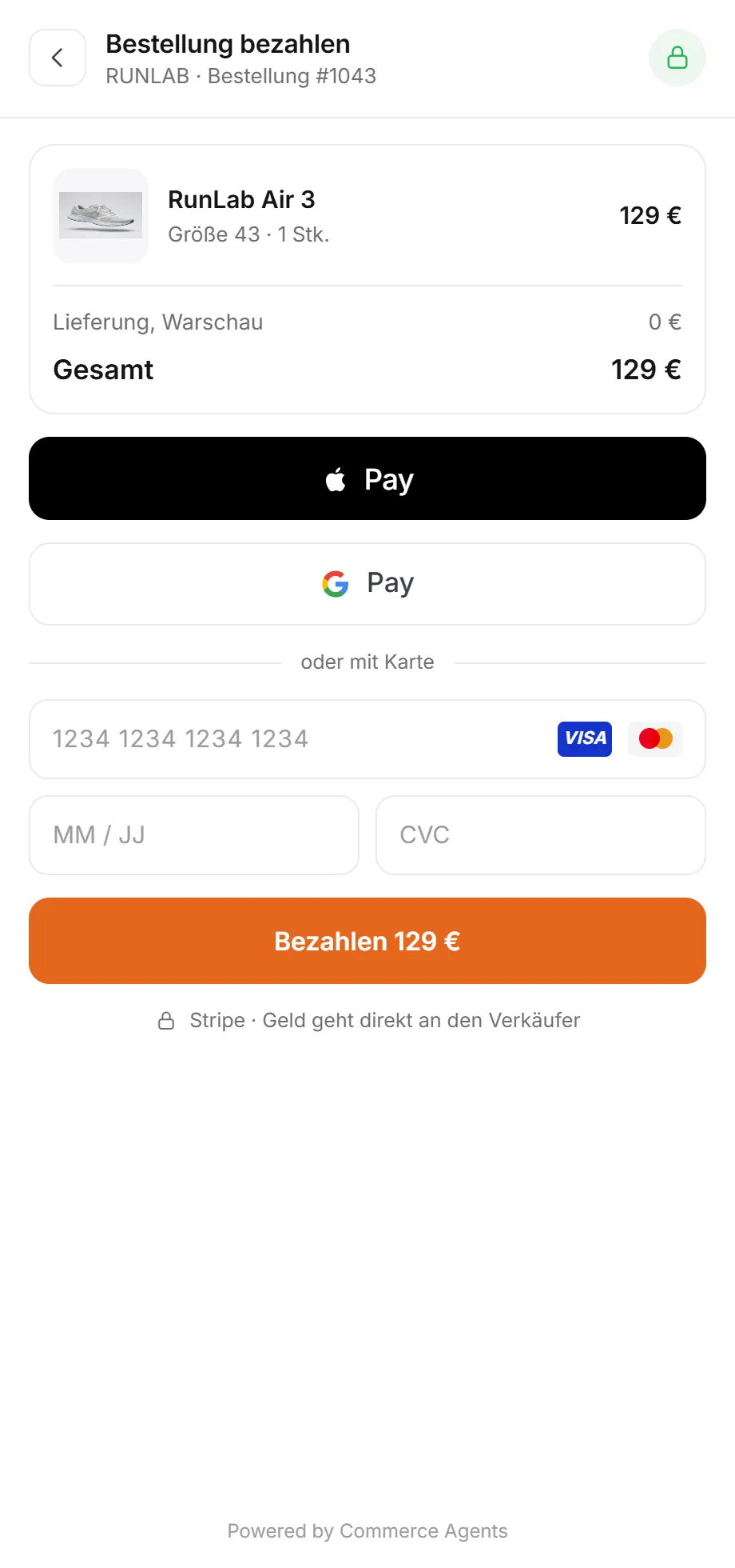 Zahlungsseite mit Apple Pay, Google Pay und Karte