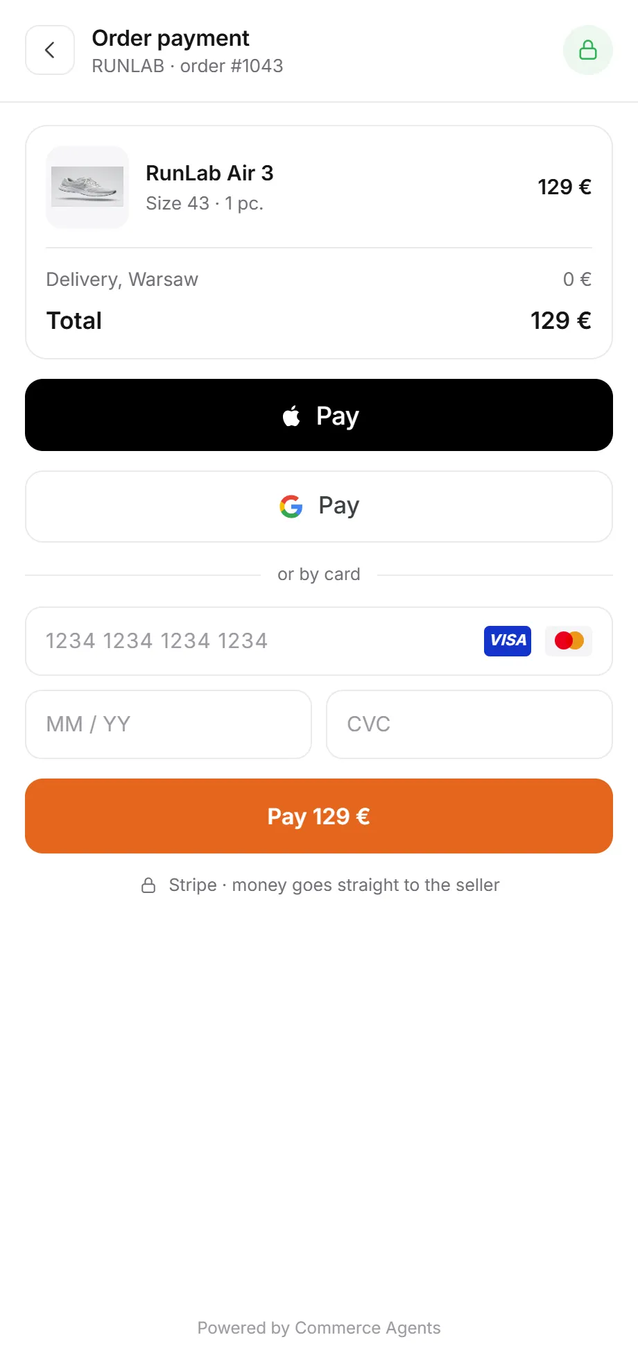 Pagină de plată cu Apple Pay, Google Pay și card