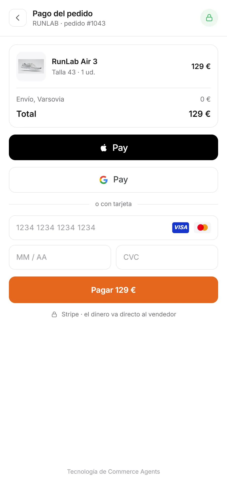 Página de pago con Apple Pay, Google Pay y tarjeta