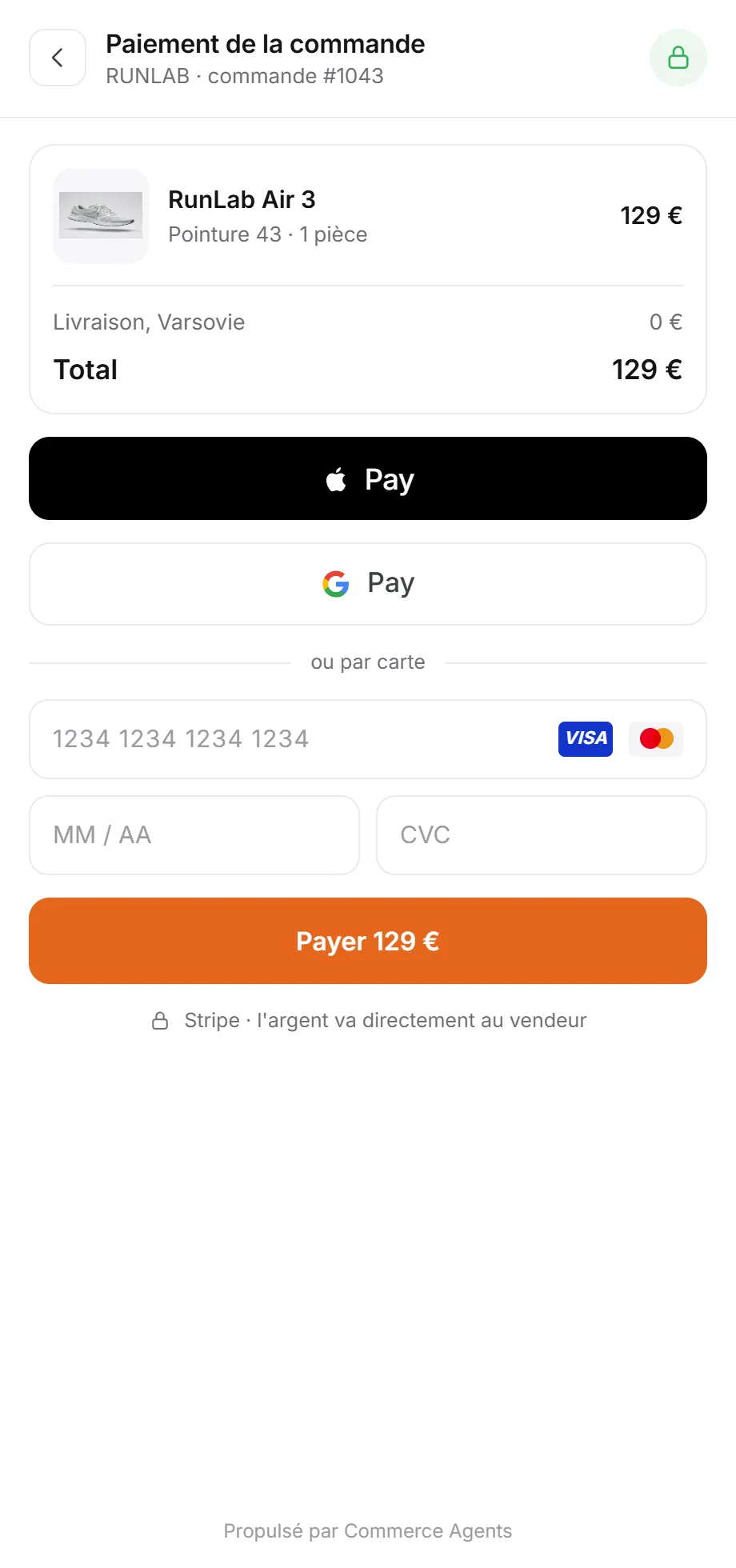 Page de paiement avec Apple Pay, Google Pay et carte