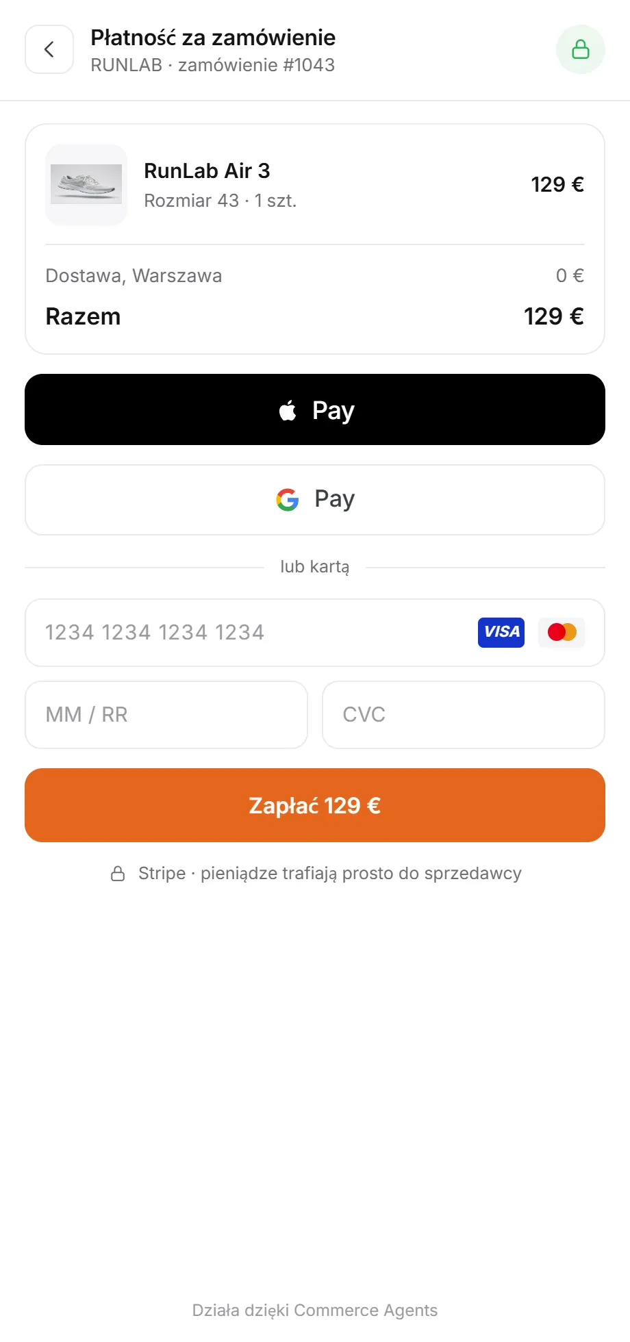 Strona płatności z Apple Pay, Google Pay i kartą