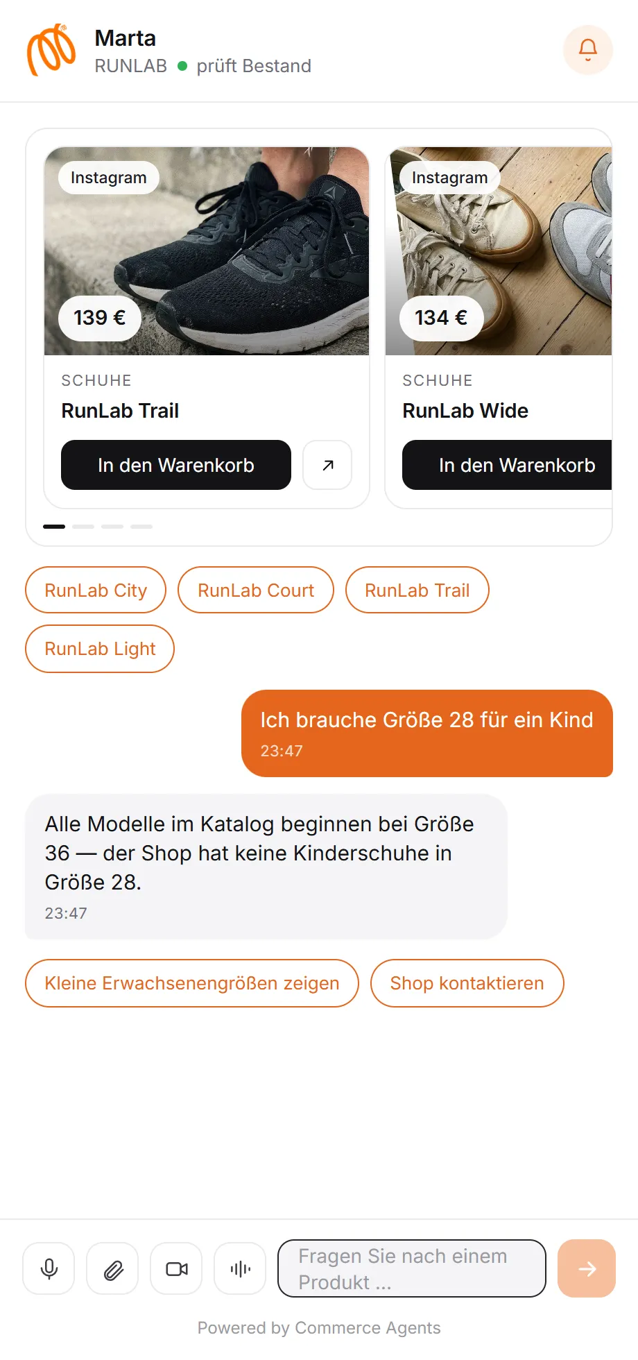 Der Agent antwortet ehrlich, dass der Artikel fehlt, und zeigt verfügbare Alternativen