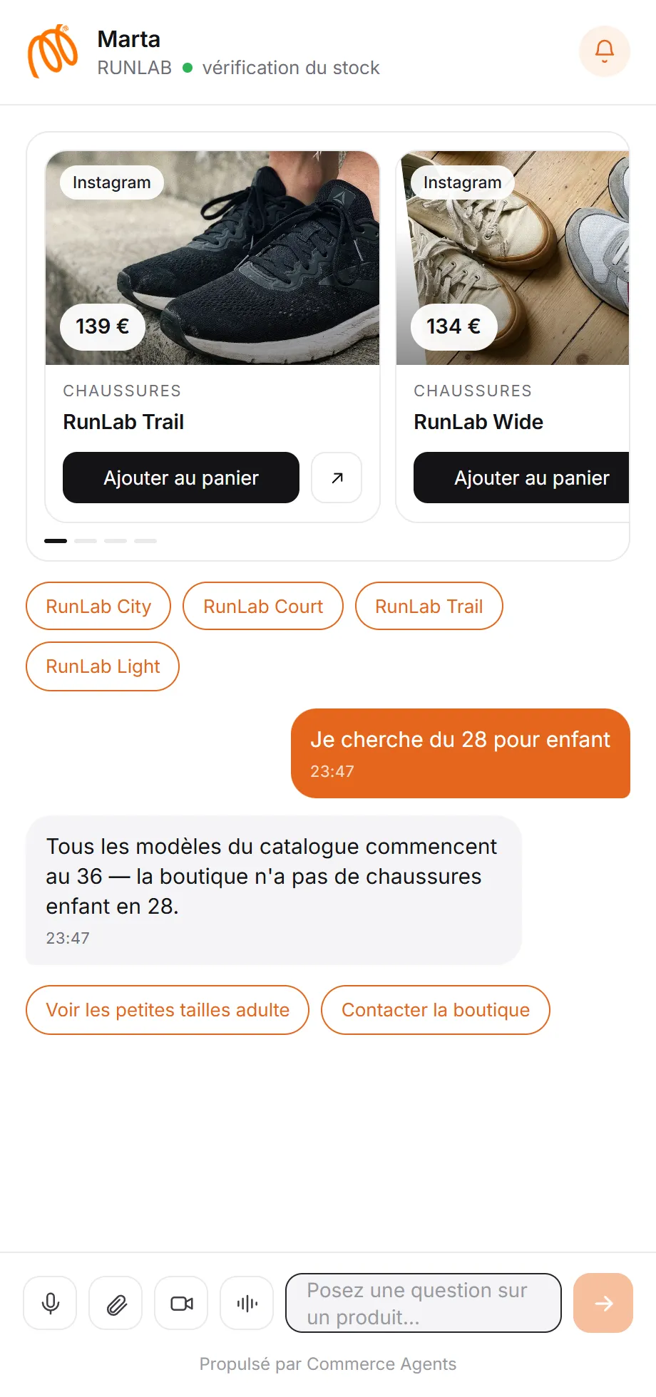 L'agent indique honnêtement la rupture de stock et propose les articles disponibles