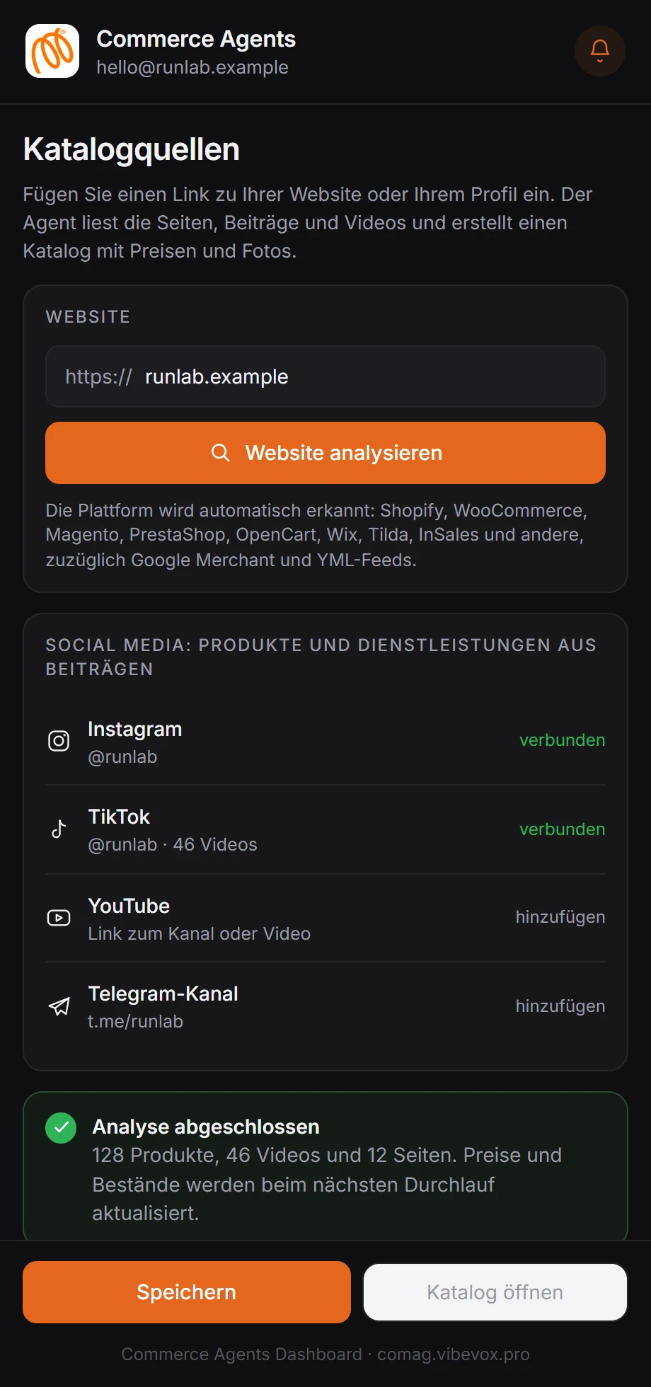 Dashboard auf dem Smartphone: Feld für den Website-Link und verbundene soziale Netzwerke