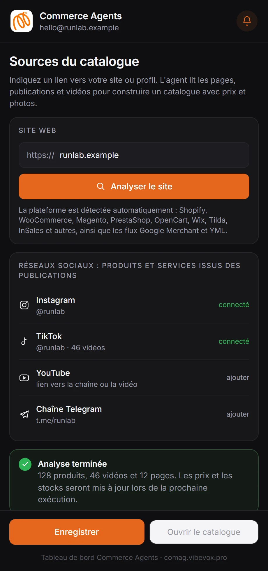 Tableau de bord sur téléphone : champ pour le lien du site et réseaux sociaux connectés