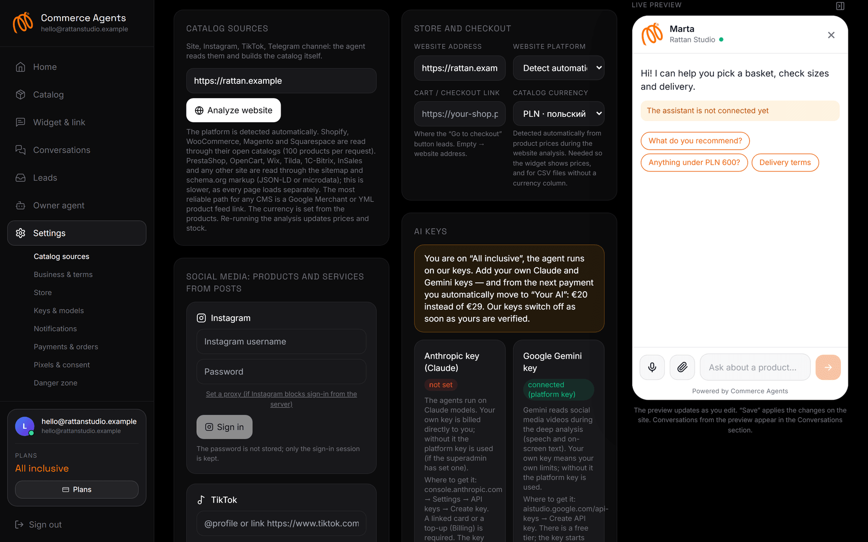 Настройки: подключение Instagram, TikTok, YouTube и Telegram